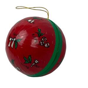 VTG Sees Candies Ornament Red Green Paper Mache Candy Holder Holly Ribbons Bells